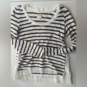 Anthropologie striped knit pleated scoop neck white navy long sleeve small